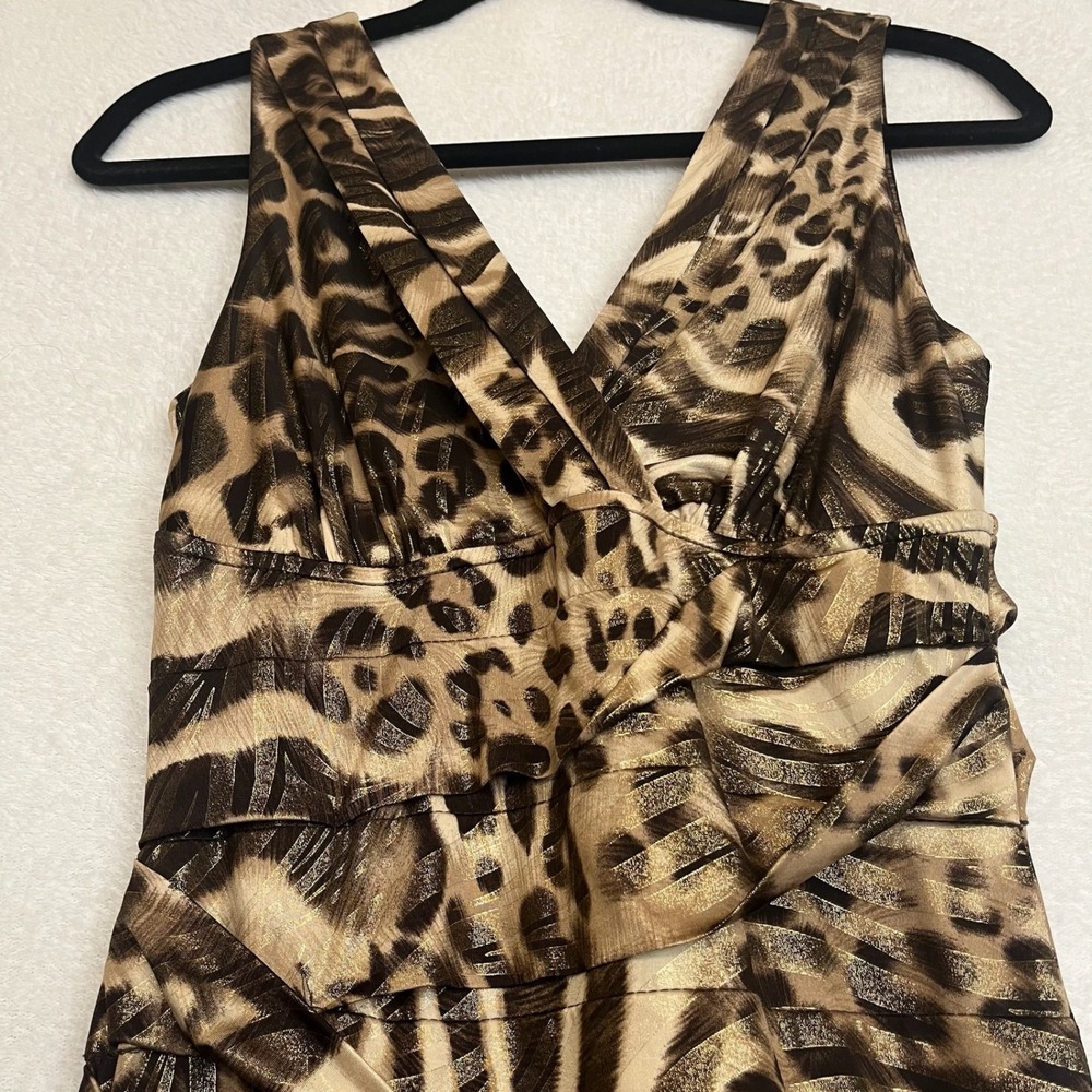 Animal Leopard Print Dress Brown Tan Gold Sleeveless V-Neck Party Cocktail M - Picture 11 of 11